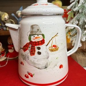Vintage Hallmark Mitford Snowman Enamel Coffee Pot - Christmas, Winter & Holiday